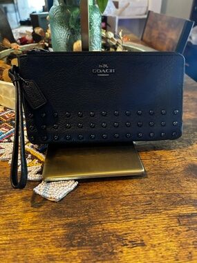 Coach Black Pebbled Leather Studded Double Zip Wallet Wristlet